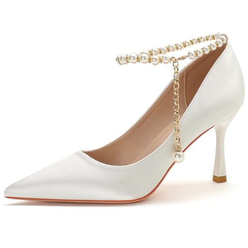 Elegante Satin Brautschuhe mit Perlenknöchelband & Goldener Metallabsatz 5cm/7.5cm Spitze Zehen rutschfeste Sohle Hochzeitschuhe Größen 34-44,Ivory White(Heel:7.5cm),34 EU von Generic