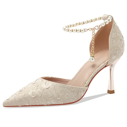 Elegante Satin Pumps Mit Perlenknöchelband & Rüschenverzierung 5cm/7cm Stöckelabsatz Spitze Zehen rutschfeste Sohle Größen 34-43,Apricot(Heel:5cm),38 EU von Generic
