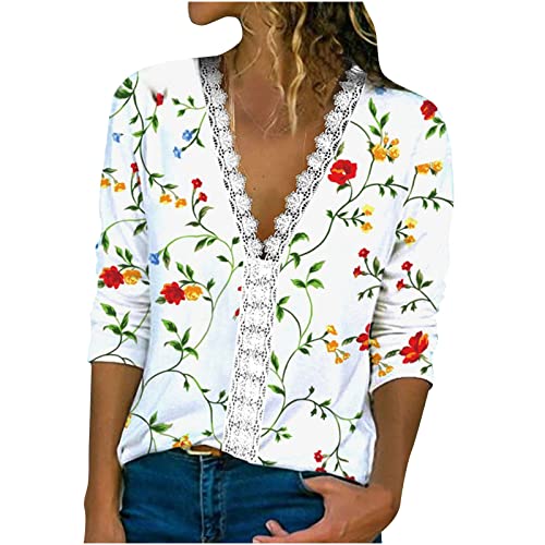 Elegante Spitzenbesatz Bluse für Damen Spitzennähte Langarmshirt Modisches Blumendruck T-Shirt Dreiviertelärmel/Langarm Oberteile V-Ausschnitt Pullover Locker Bluse Tops Partywear von Generic