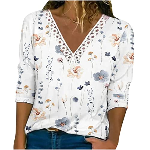 Elegante Spitzenbesatz Bluse für Damen Spitzennähte Langarmshirt Modisches Blumendruck T-Shirt Dreiviertelärmel/Langarm Oberteile V-Ausschnitt Pullover Locker Bluse Tops Partywear von Generic