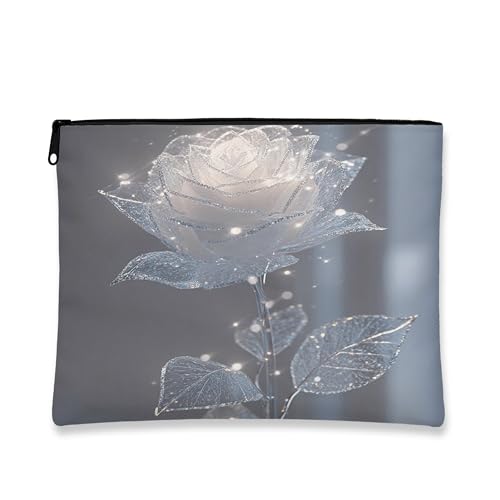 Elegante schimmernde Make-up-Tasche, weiße Rose, Blumenmuster, Kosmetiktasche für Damen, tragbare kleine Canvas-Reißverschluss-Organizer, Geschenk für besondere Anlässe, Weiss/opulenter Garten, 7x9 von Generic