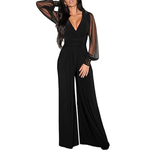 Eleganter V-Ausschnitt Mesh Langarm Locker Weites Bein Romper Party Jumpsuits Schwarz Wrap Mesh Jumpsuit von Generic