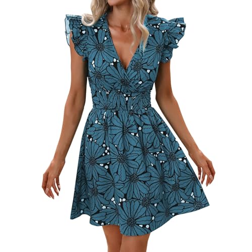 Elegantes Kleid Damen V-Ausschnitt Hohe Taille Strandkleid Cut Outs Knielang Spitzenkleid Vintage A-Linie Midikleid Elegant Plissee Freizeitkleider Tank-Kleid Ärmellos mit Rüschen von Generic