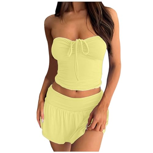 Elegantes zweiteiliges Set für Damen, ärmelloses, trägerloses Oberteil mit plissiertem High-Low-Doppelschichtrock-Outfit Fitness Kleidung Damen Set (Yellow, S) von Generic