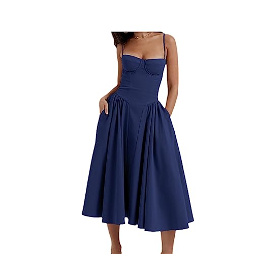 Elegantslim Backless Sling Kleid Frauen Solide Mode Hosenträger Sommerkleider weibliche Party Abend Roben, Dunkelblau, M von Generic
