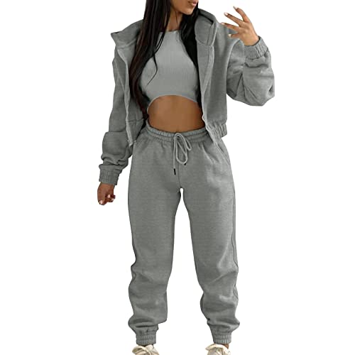 Elegent Damen 3 Stücke Sportanzüge Jogginganzug Sport Sets Yoga Outfit Freizeitanzug Sportswear Sportanzüge Langarm Kapuzenjacke + Crop Top + Jogginghose mit Taschen von Generic