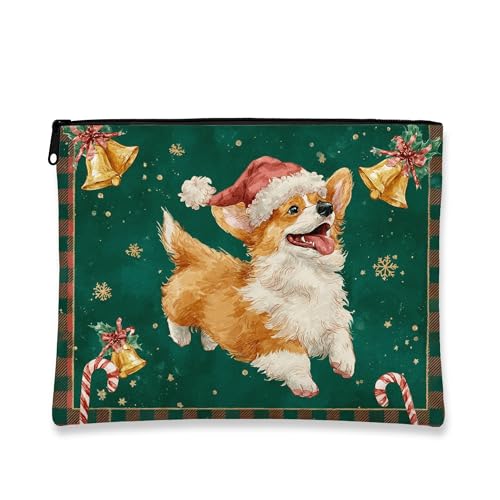 Entzückende Hunde-Make-up-Tasche, weihnachtliche Corgi-Kosmetik-Reisetasche für Frauen, tragbare kleine Canvas-Reißverschluss-Organizer, Urlaubskulturbeutel, Grün , 7x9 Inch, Hund von Generic