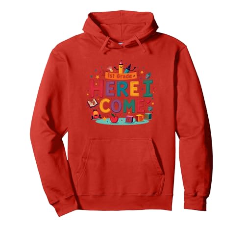 Erster Tag der ersten Klasse Mädchen der 1. Klasse Hier komme ich Pullover Hoodie, Unisex für Erwachsene, Rot, S von Generic