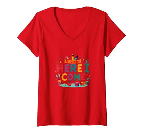 Erster Tag der ersten Klasse Mädchen der 1. Klasse Hier komme ich T-Shirt mit V-Ausschnitt, Damen, Rot, S von Generic
