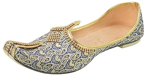 EthnicVibes Herren Hochzeit Jutti Traditionelle Mojari indische Punjabi Schuhe US 8-12 Stickmuster, Blau und Gold, 44.5 EU von Generic