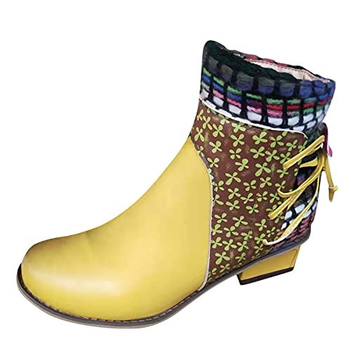 Ethnische Damen Stiefel Kurze Roman Heel Side Reißverschluss Fashion Boots Modische Damenstiefel mit Absatz für Winter (Yellow, 37) von Generic