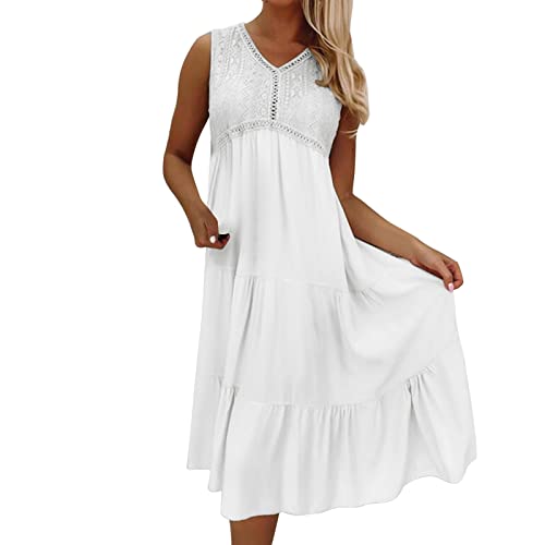 Etuikleid Damen Elegant Knielang Sommerkleid Damen Kurz Strandkleid äRmellose Spitzenkleid V-Ausschnitt Partykleid Sommer Festliche Kleider Oversize Weisses Kleid Knielang Strandkleider Tulpenkleid von Generic
