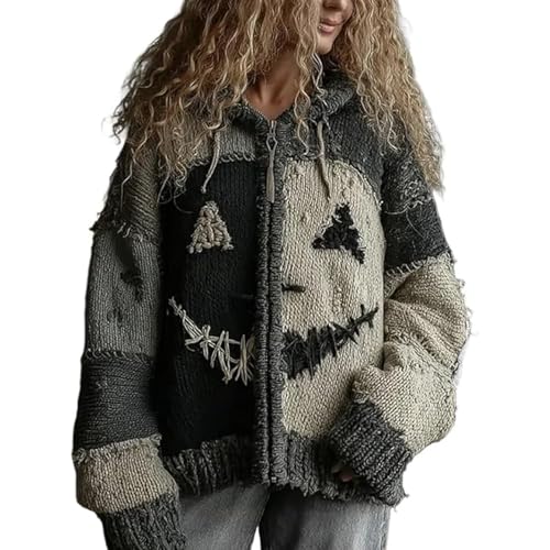 Everswear Halloween-Pullover, Halloween Spooky Face Contrast Stitched Cozy Knit Sweater (Grey-2,L) von Generic