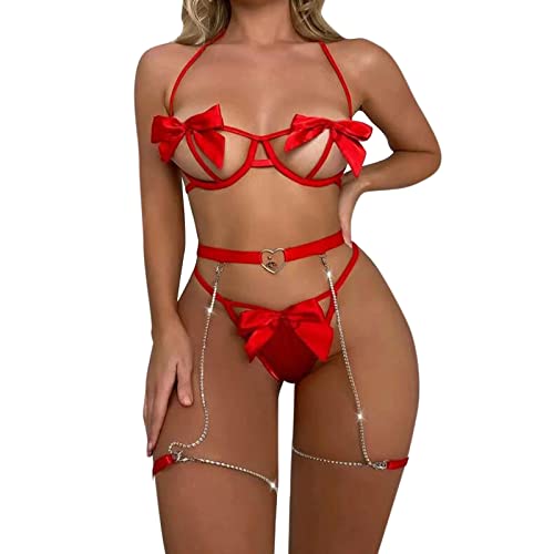 Exotische Dessous-Sets für Damen, durchsichtig, Schleife, Bügel-BH und Höschen-Set mit Strumpfband, 3-teiliges Babydoll-Unterwäsche, Nachtwäsche, Damen-Dessous, rot, 38 von Generic