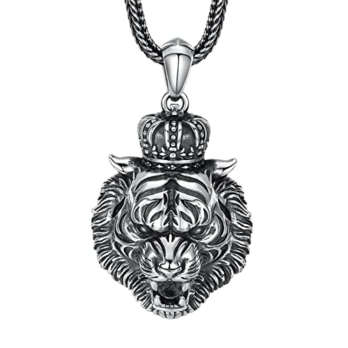 Exquisiter Schmuck, Herren-Halskette mit Tigerkopf-Kronen-Anhänger, Gothic-Stil, S925 Sterlingsilber von Generic