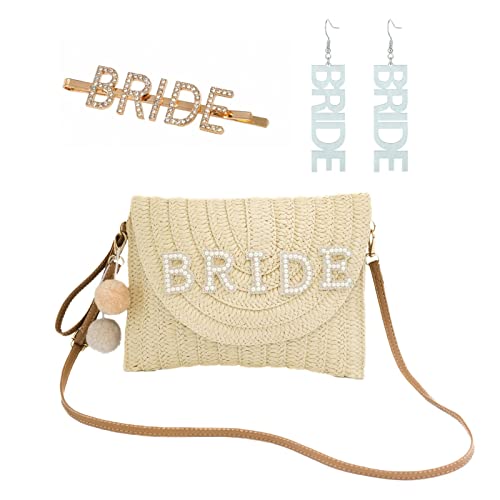 FABMODE Braut Stroh Tasche Clutch Geschenkset mit Strass Perlen - Perfektes Bride to be Geschenk für Junggesellinnenabschied und Brautparty, Sommer Strand Handtasche für Flitterwochen und von Generic