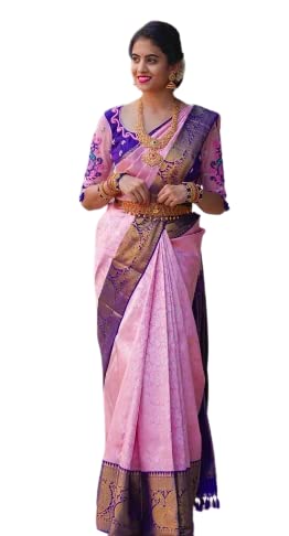 FLOW CREATION Seiden-Sari mit Bluse für Damen und auch Godwal Pattu Sari, rose, Auftrennen Bluse von Generic