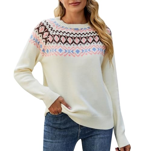 Fair Isle Pullover Damen Herbst Rundhalsausschnitt Strickpullover Pullover Casual Winter Langarm Vintage Farbblock Pullover Tops, beige, L von Generic