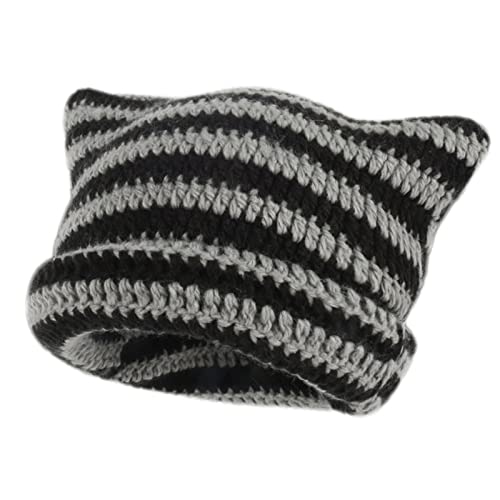 Fairy Grunge Beanie Y2K Cat in The Hat Striped Crochet Slouchy Hat Winter Warm Knitted Alt Headwear Accessories Weich Stretchy Crochet Hat Fairy Grunge Beanie Y2K Cat in The Hat Striped Crochet Slouchy Hat Winter Warm Knitted Alt Headwear Accessories Weich Stretchy Crochet Hat von Generic