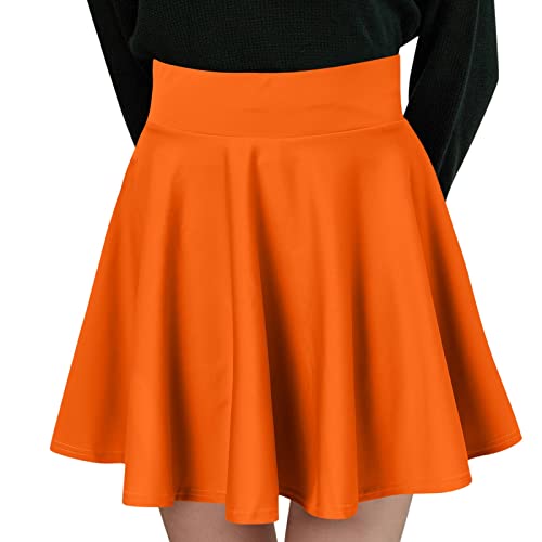 Faltenrock Damen Basic Solide Vielseitige Dehnbaren Informell Mini Rock mit Shorts Retro Mini Skater Rock Hohe Taile Plisseerock Glockrenrock A-Linie Rockabilly Tennisrock Tanzrock (Orange, L) von Generic