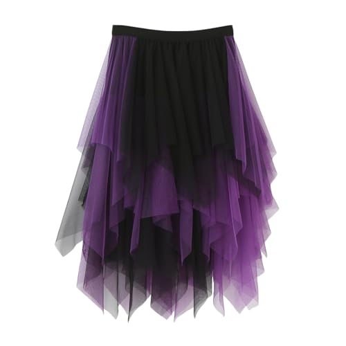 Faltenrock Damen Tüllrock Asymmetrisch Röcke Kurzer Skater Röcke Midirock Sommerrock Tüllrock Damen Karneval Lang Elegant Elastisch Hohe Taille Stufendecke Mesh Ballett Hochzeit (M-Purple, One Size) von Generic