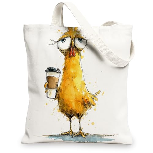 Fanciful Hühner-Leinentaschen, niedliche Vogel-Illustrationen, wiederverwendbar, lustig und lustig, leicht, waschbar, weiß, 13x15 Inch von Generic