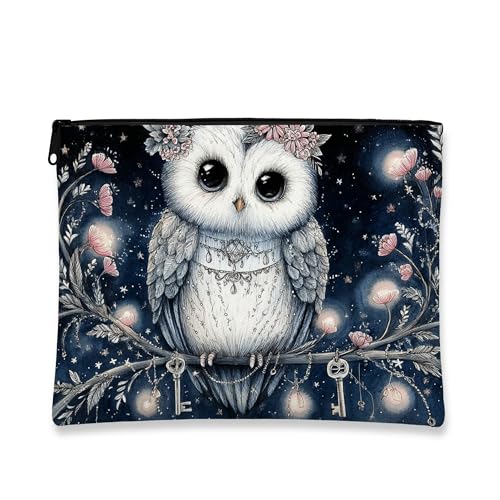 Fantasievolle Eulen-Make-up-Tasche, niedliche Eulen-Illustration, Kosmetiktasche für Frauen, tragbare kleine Canvas-Reißverschluss-Organizer, perfektes Festival-Geschenk, Hautpflege-Tasche, Marineblau von Generic