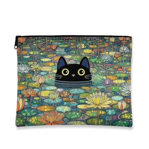 Fantasievolle Make-up-Tasche mit Katzenmotiv, bunte Lilien-Teich-Kosmetiktasche für Frauen, tragbare kleine Canvas-Reißverschluss-Organizer, Geschenk für Festivals und saisonalen Gebrauch, Schwarz von Generic