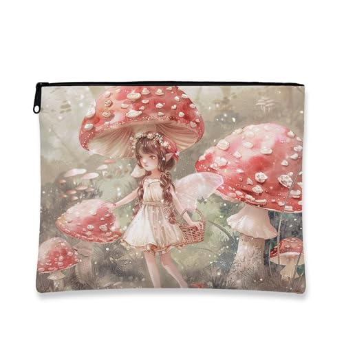 Fantasievolle Pilz-Make-up-Tasche, Märchen-Kosmetiktasche für Damen, tragbar, kleiner Canvas-Reißverschluss, perfektes Festival-Geschenk für Hautpflege und Toilettenartikel, Pfirsich, 7x9 Inch, Pilz von Generic