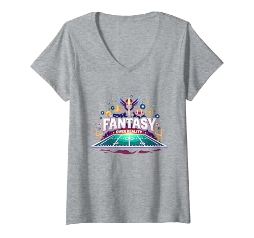 Fantasy Over Reality Fußball Herren Sportbegeisterte T-Shirt mit V-Ausschnitt, Damen, Grau Meliert, XXL von Generic