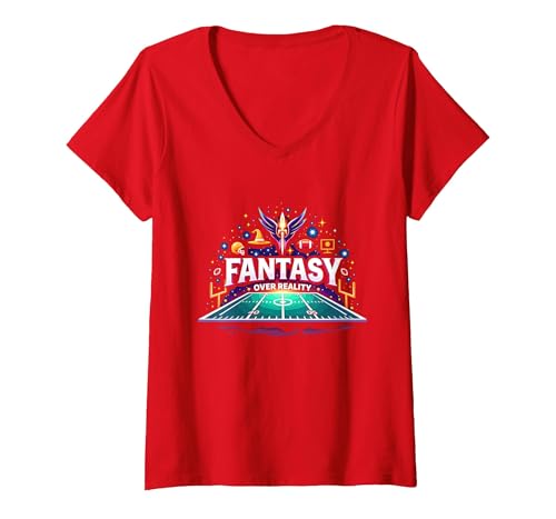 Fantasy Over Reality Fußball Herren Sportbegeisterte T-Shirt mit V-Ausschnitt, Damen, Rot, M von Generic