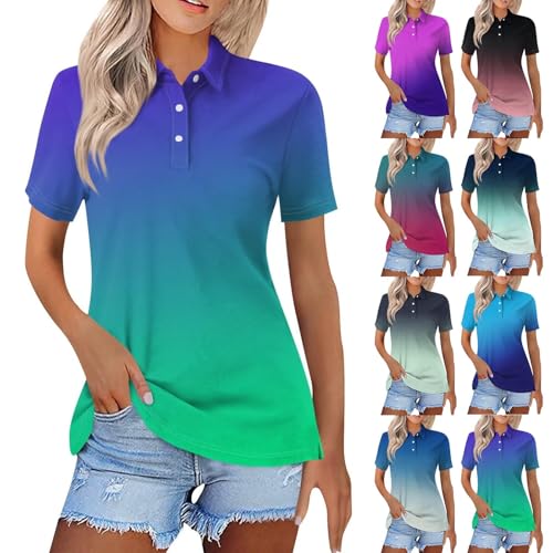 Farbverlauf Poloshirt Damen Kurzarm Bunt Oberteile Locker Tops Elegante Blusen Casual Shirt Basic Golfshirt Oversized Bluse Polo Freizeithemd Mode Fitness Trainning Laufen Sport Oberteil von Generic