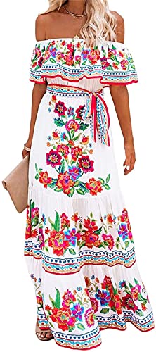 Farbverlauf Sommer Maxi Kleider Für Einfacher Stil Frauen Plus Größe Schulterfrei Partykleid Chiffon Bandeau Trägerlos Damen Blumen Boho Lange Kleider ( Color : FLOWER WHITE , Einheitsgröße : 3XL ) von Generic