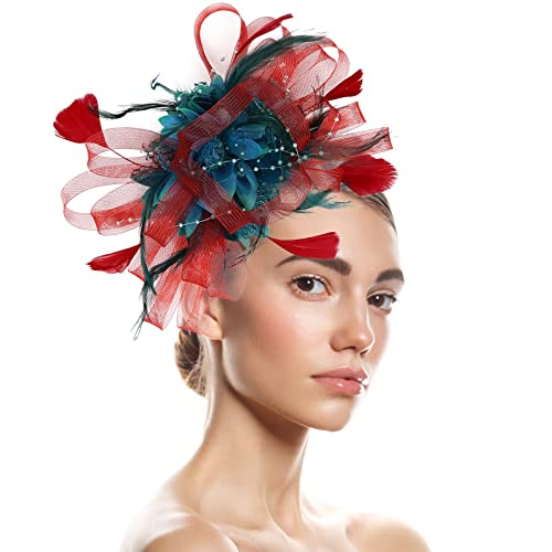 Fascinator Damen, Fascinator Damen Hut Blume Mesh Feder Kopfbedeckung Tea Party Bankett Hüte Cocktail Party Kopfschmuck Frauen Elegant Kirche Hochzeit Haarschmuck Flower Federn Stirnband von Generic