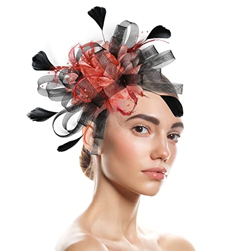 Fascinator Damen, Fascinator Damen Hut Blume Mesh Feder Kopfbedeckung Tea Party Bankett Hüte Cocktail Party Kopfschmuck Frauen Elegant Kirche Hochzeit Haarschmuck Flower Federn Stirnband von Generic