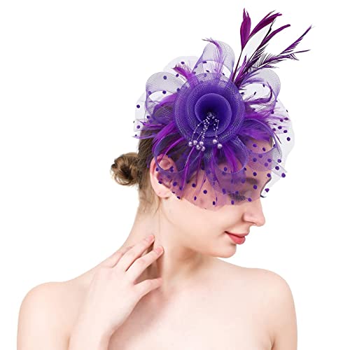 Fascinatoren für Frauen Teeparty Stirnband Hut Netzfedern Haarclip für Hochzeit Cocktail und Kirche Knoten Stirnbänder (lila, Einheitsgröße) von Generic