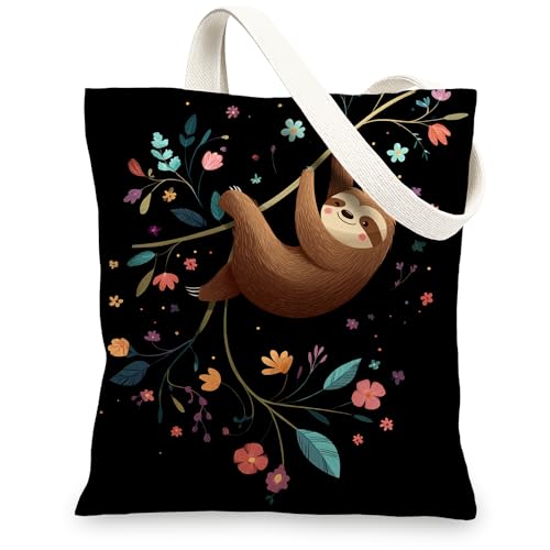 Faultier-Tragetaschen aus Segeltuch, niedliches Tier-Blumendesign, wiederverwendbare Taschen, lustig, leicht, waschbar, Schultergurt, Leinentasche für Reisen, Strand, Picknick, 33 x 38 cm von Generic