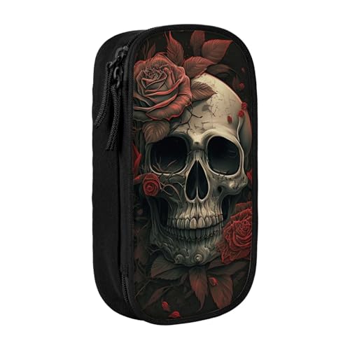 Federmäppchen, großes Fassungsvermögen, Stifteetui, Organizer mit Reißverschluss, Retro-Totenkopf-Motiv, rote Rose, Schwarz , Einheitsgröße von Generic