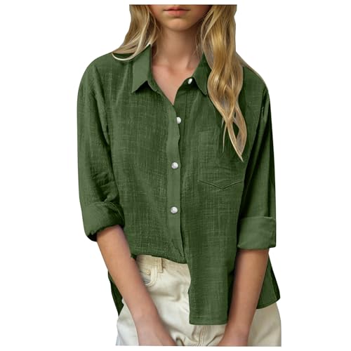 FeiliandaJJ Musselin Bluse Mädchen Locker Komfort Knopf Baumwolle Leinenbluse Modisch Einfarbig V Ausschnitt Lange Ärmel Leinenhemd mit Taschen Shirts (Dark Green, 11-12 Years) von Generic