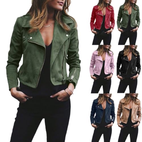 Female Kunstlederjacke Kunstleder Kunstlederjacke Damen Coat Sommer Blouson Reißverschluss Herbst Frühling Jacket Mädchen Sommerjacke Kurz Outwear College leichte Jacke (01 Grün, S) von Generic