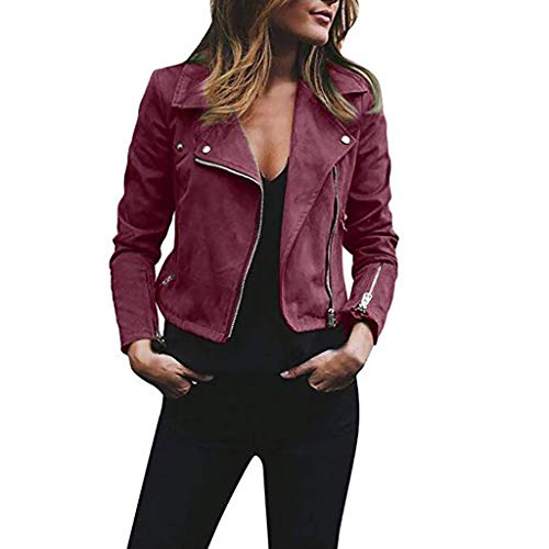 Female Kunstlederjacke Kunstleder Kunstlederjacke Damen Coat Sommer Blouson Reißverschluss Herbst Frühling Jacket Mädchen Sommerjacke Kurz Outwear College leichte Jacke (01 Rot, S) von Generic