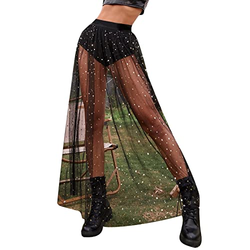Festival Outfit Damen Glitzer Rock Sheer Mesh 2 in 1 Glitzer Elastische Hohe Taille A-Linie Maxi Rock Transparent Mesh Rock Mit Hose Drunter Tüllrock Glitzer Stern Maxirock Musikfestivals Clubwear von Generic
