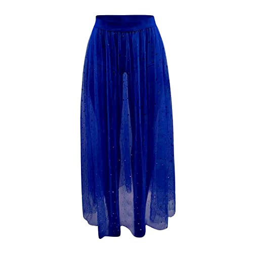 Festival Outfit Damen Glitzer Rock Sheer Mesh 2 in 1 Glitzer Elastische Hohe Taille A-Linie Maxi Rock Transparent Mesh Rock Mit Hose Drunter Tüllrock Glitzer Stern Maxirock Musikfestivals Clubwear von Generic