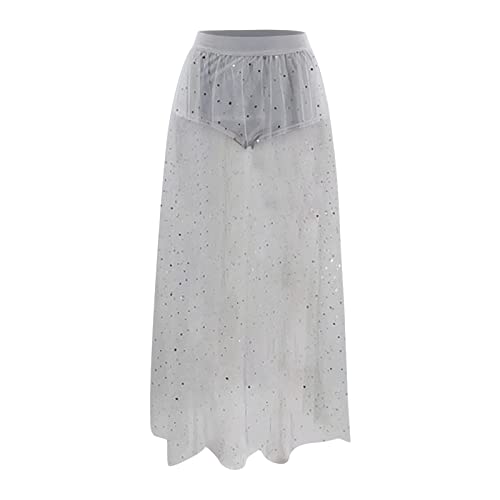 Festival Outfit Damen Glitzer Rock Sheer Mesh 2 in 1 Glitzer Elastische Hohe Taille A-Linie Maxi Rock Transparent Mesh Rock Mit Hose Drunter Tüllrock Glitzer Stern Maxirock Musikfestivals Clubwear von Generic