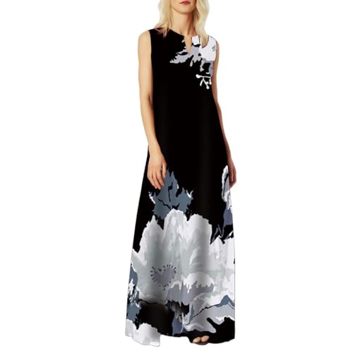Festkleider Für Damen Hochzeit Elegant Hochzeitskleider Für Damen Lang Elegant Sommerkleider V-Ausschnitt Ärmellos Abendkleider Blumen-Druck Festkleider Vintage Partykleid Bodenlang Maxikleider von Generic