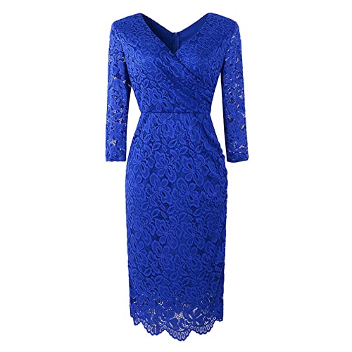 Festliche Kleider Für Damen Plus Size Frauen Spitze Langarm Midi Kleid Cocktail Abend Party Elegant Spitzenkleid 3/4 ärmel Hochzeit Abendkleid Cocktailkleid (Blau,S) von Generic