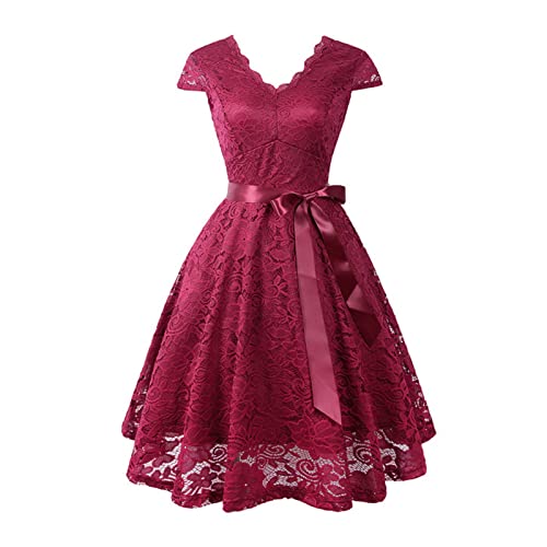 Festliche Kleider Für Damen Spitze ärmellose Midi Kleid Cocktail Abend Party Elegant Maxi Lang Abendkleid V-Ausschnitt Hochzeit Brautjungfernkleider (Rot,S) von Generic