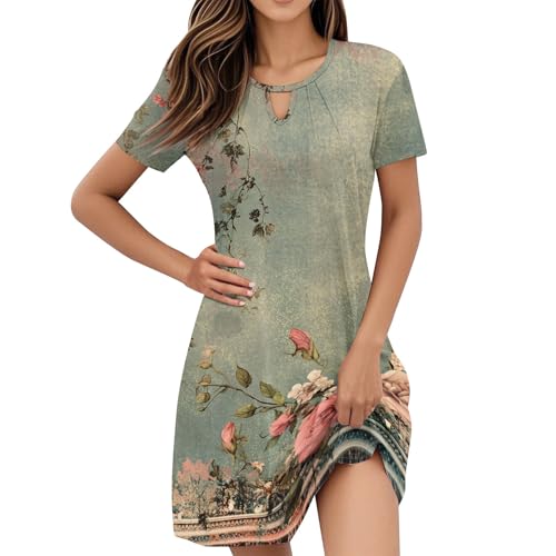 Festliche Kleider für Damen, Damen Kleid Sommer Kurzärm Boho Knielang Locker Strandkleider Elegant Legeres Atmungsaktiv Blumen Urlaubkleid B Mint Green XL von Generic