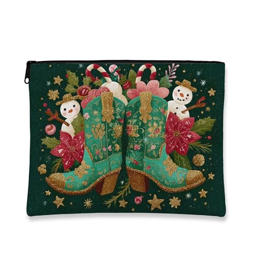 Festliche Make-up-Tasche, grüne Stiefel, Urlaub, Kosmetiktasche für Damen, tragbare kleine Canvas-Reißverschlusstasche, Weihnachts-Kulturbeutel für Hautpflege, Grün , 7x9 Inch, Stiefel von Generic