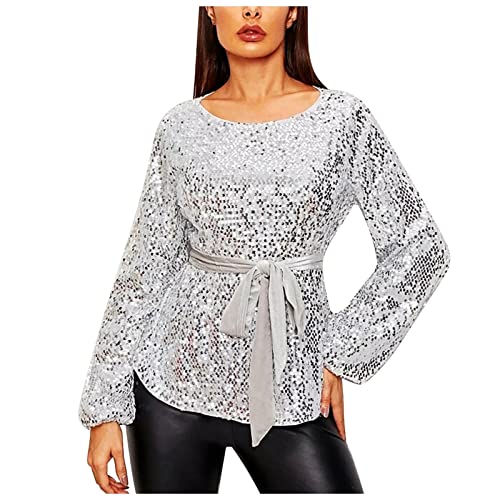 Festliche Tops Damen Glitzer Oberteil Pailletten Oberteil Elegant Oberteile Damen Glitzer Top Festliche Blusen Damen Zur Hochzeit Tunika Blusen Mit Gürtel von Generic